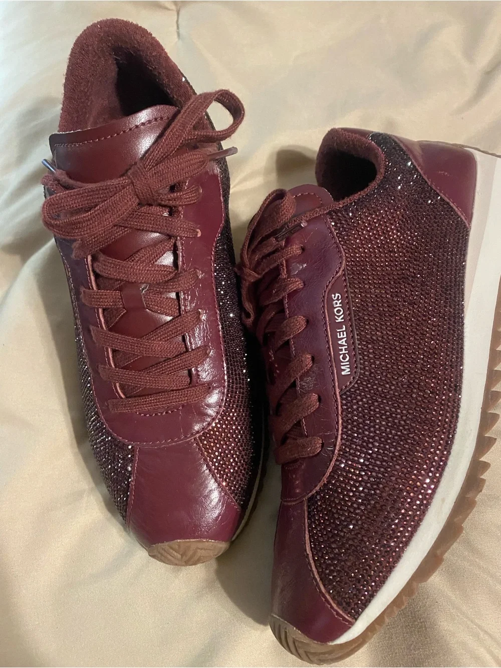 Michael Kors Wine Crystal-Accented Lace-Up Sneakers